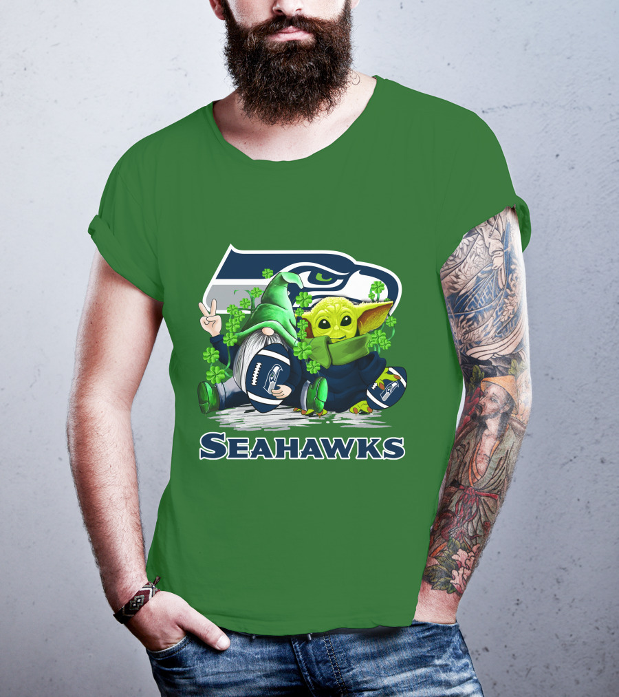 Seattle Seahawks St. Patrick's Day Gnome And Baby Yoda Football T-Shirt