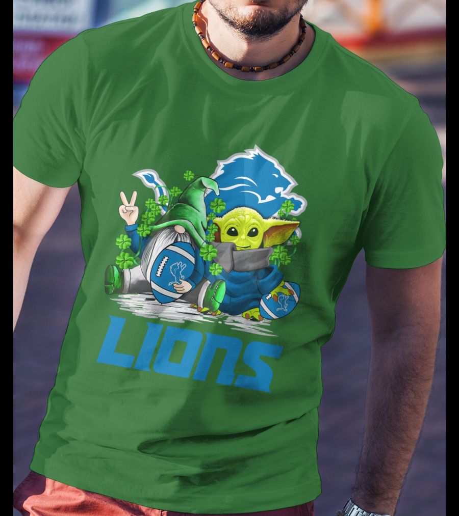 Detroit Lions St. Patrick's Day Gnome And Yoda Football T-Shirt
