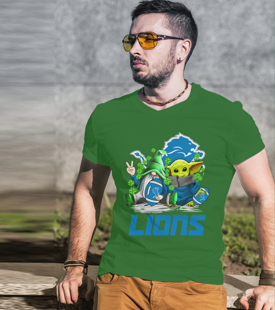 Detroit Lions St. Patrick's Day Gnome And Yoda Football T-Shirt
