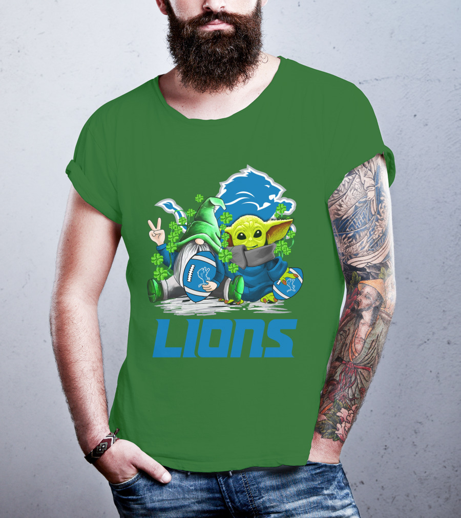 Detroit Lions St. Patrick's Day Gnome And Yoda Football T-Shirt