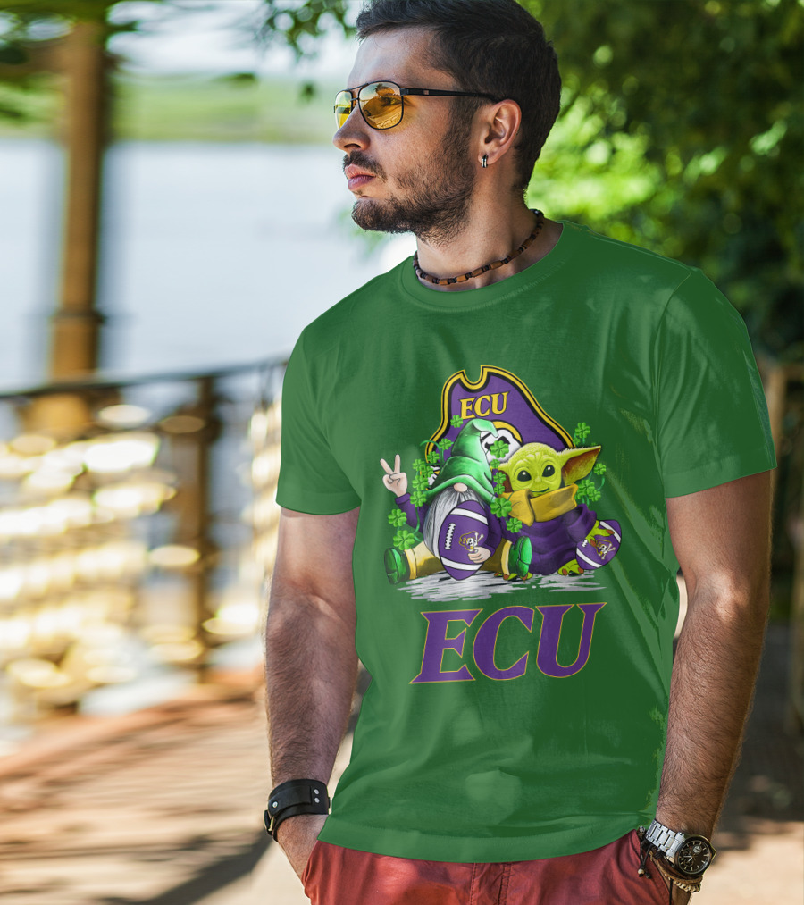 ECU East Carolina Pirates Football St. Patrick's Day Celebration With Gnome And Baby Alien T-Shirt