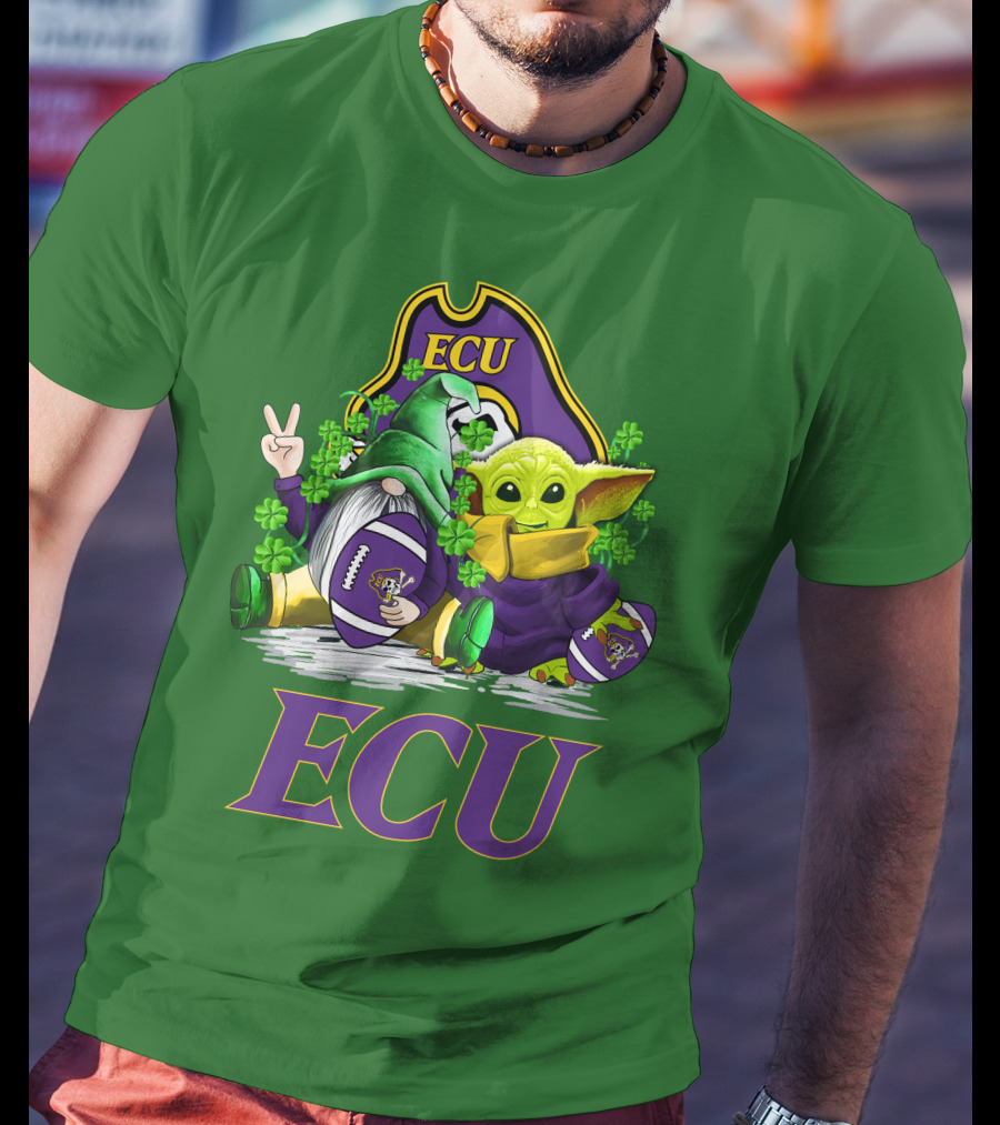 ECU East Carolina Pirates Football St. Patrick's Day Celebration With Gnome And Baby Alien T-Shirt