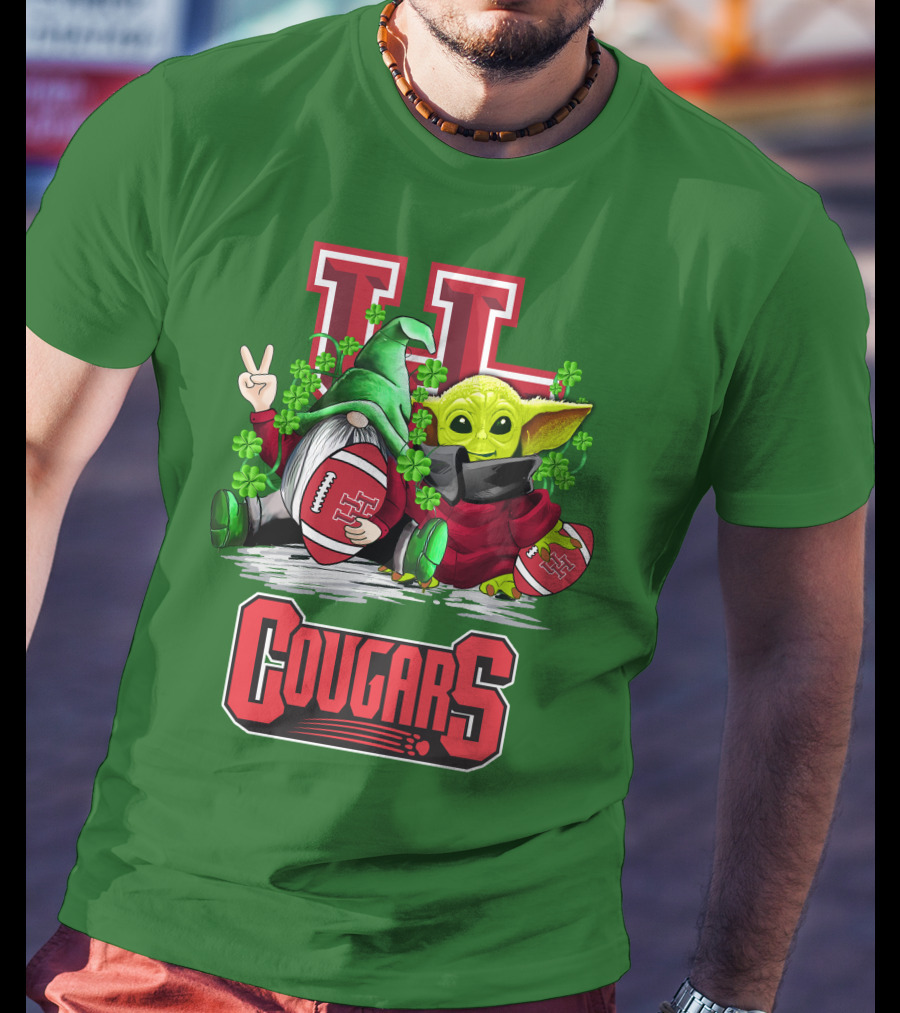 Houston Cougars St. Patrick's Day Football With Gnome And Green Character T-Shirt