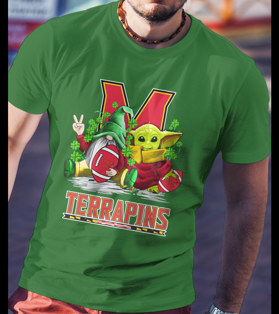 Maryland Terrapins Football St. Patrick's Day Gnome And Baby Yoda T-Shirt
