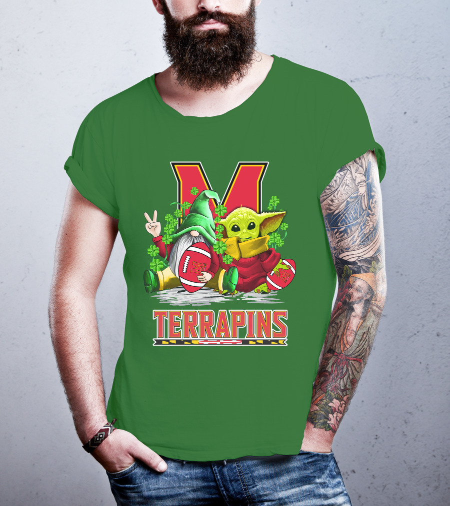 Maryland Terrapins Football St. Patrick's Day Gnome And Baby Yoda T-Shirt