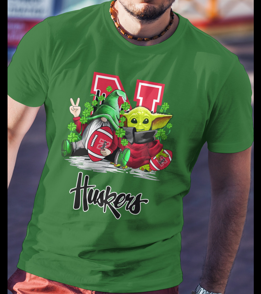 Huskers Nebraska Cornhuskers Football Saint Patrick's Day Green Character Football Image T-Shirt