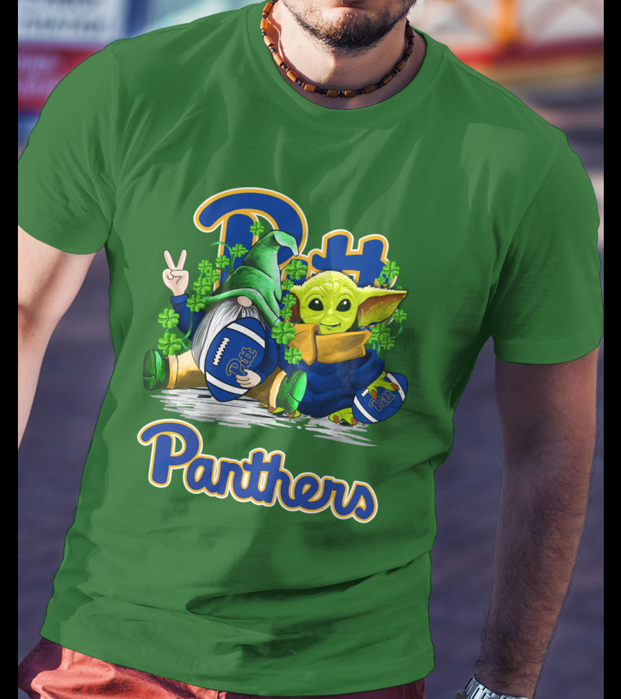 Pitt Panthers St. Patrick’s Day Football Gnome And Baby Yoda With Shamrocks T-Shirt