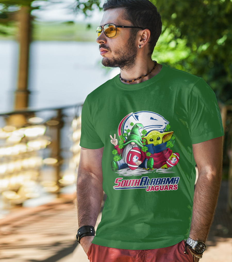 South Alabama Jaguars Football St. Patrick's Day Gnome And Baby Alien With Shamrocks T-Shirt