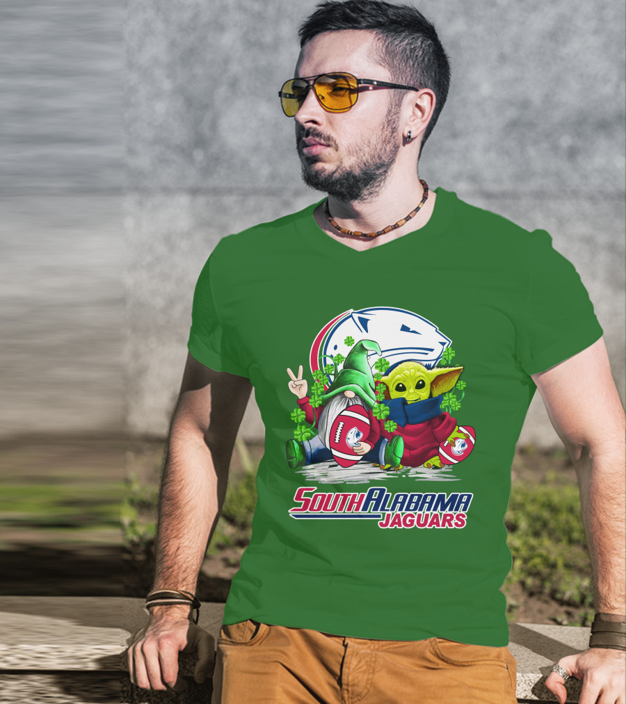 South Alabama Jaguars Football St. Patrick's Day Gnome And Baby Alien With Shamrocks T-Shirt