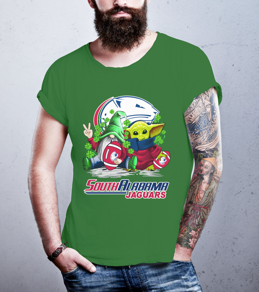 South Alabama Jaguars Football St. Patrick's Day Gnome And Baby Alien With Shamrocks T-Shirt