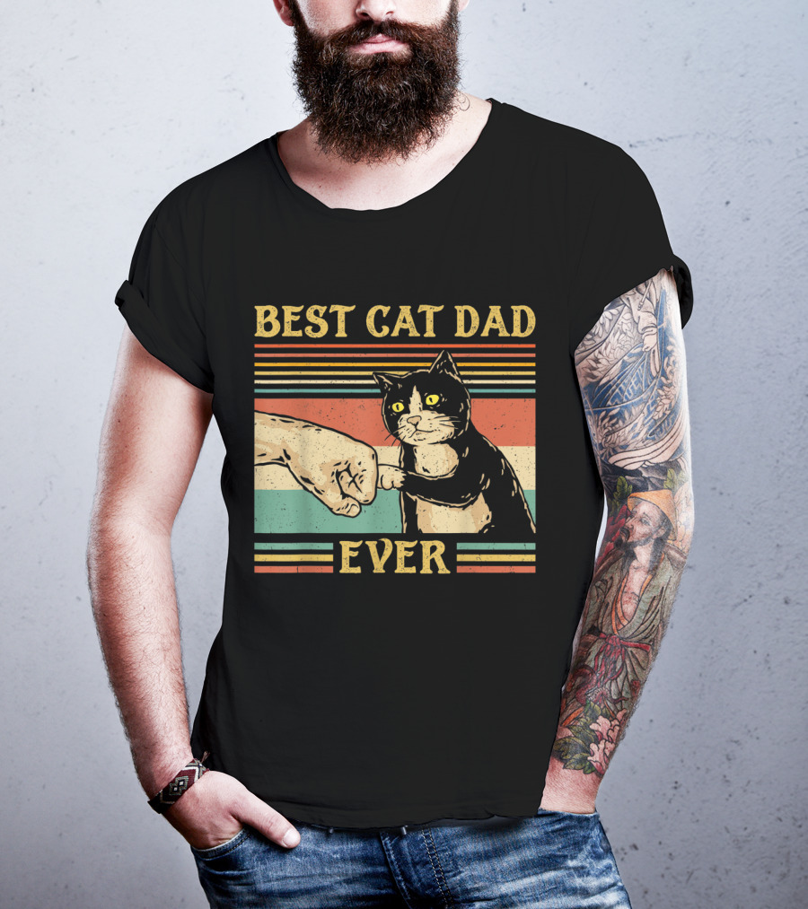 Best Cat Dad Ever Vintage Fist Bump Retro Stripes T-Shirt