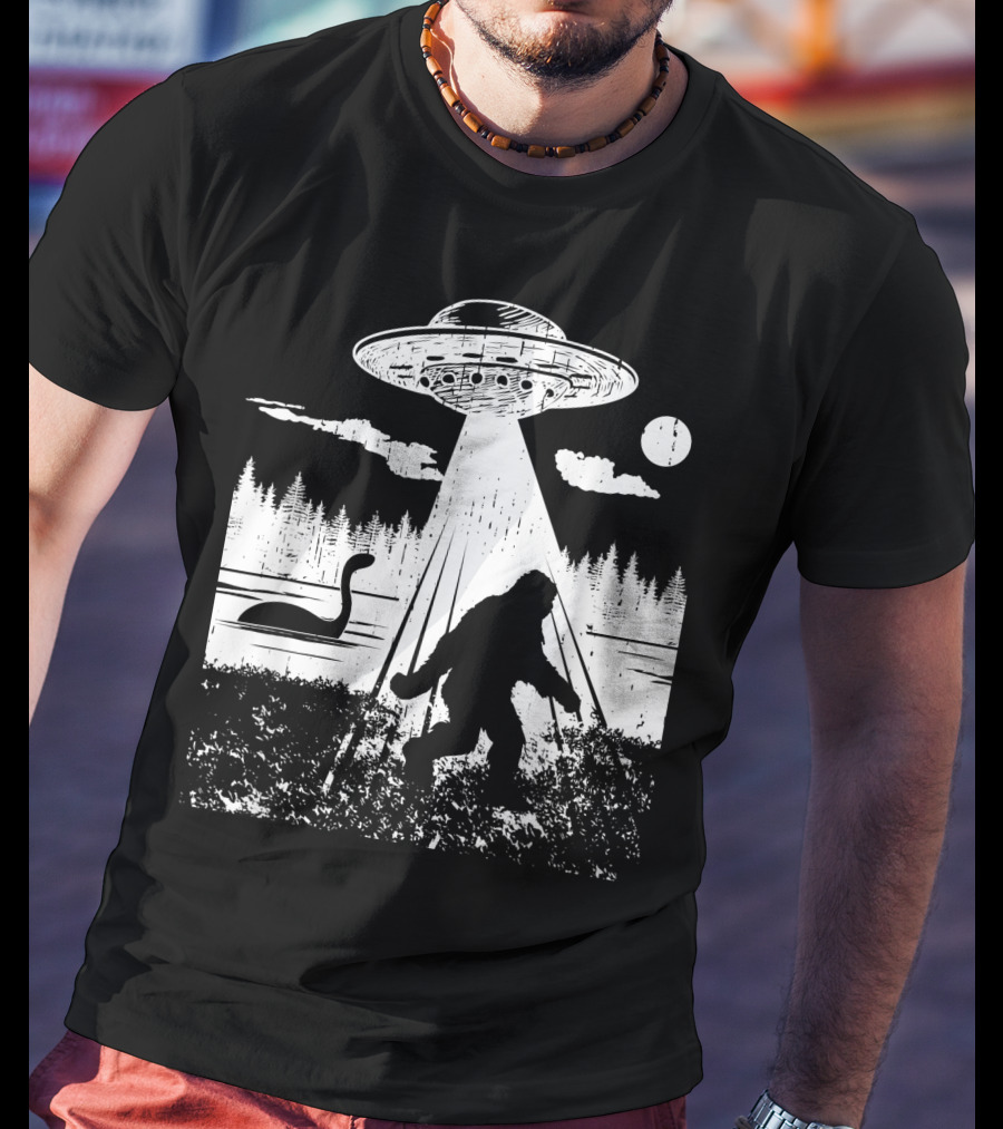 Bigfoot Abduction By UFO With Lake Monster And Full Moon T-Shirt
