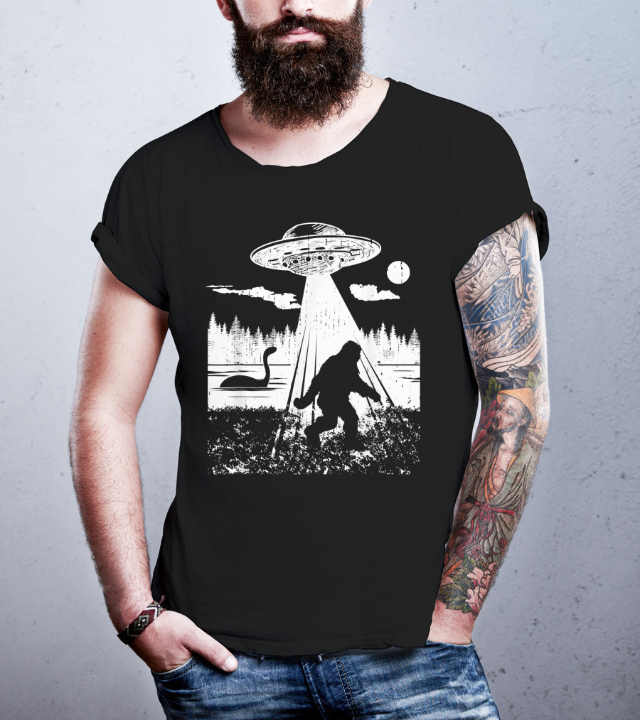 Bigfoot Abduction By UFO With Lake Monster And Full Moon T-Shirt