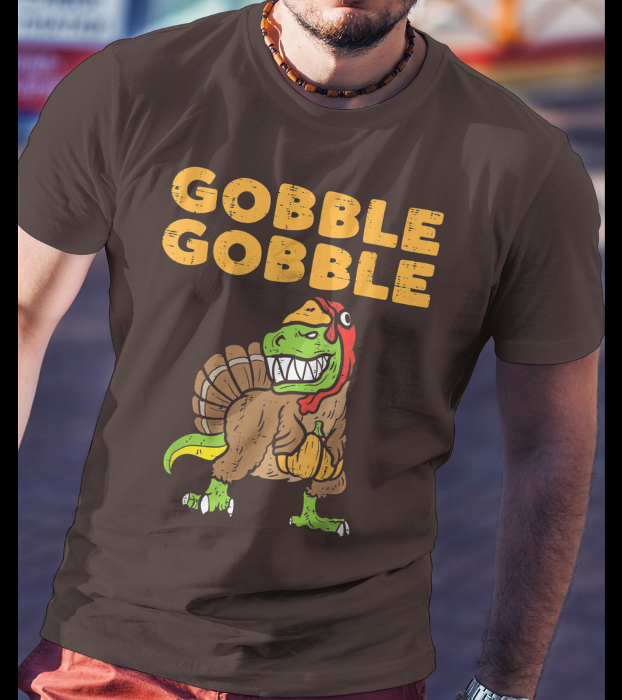 Gobble Gobble T-Rex Dinosaur Turkey Holding Pumpkin T-Shirt