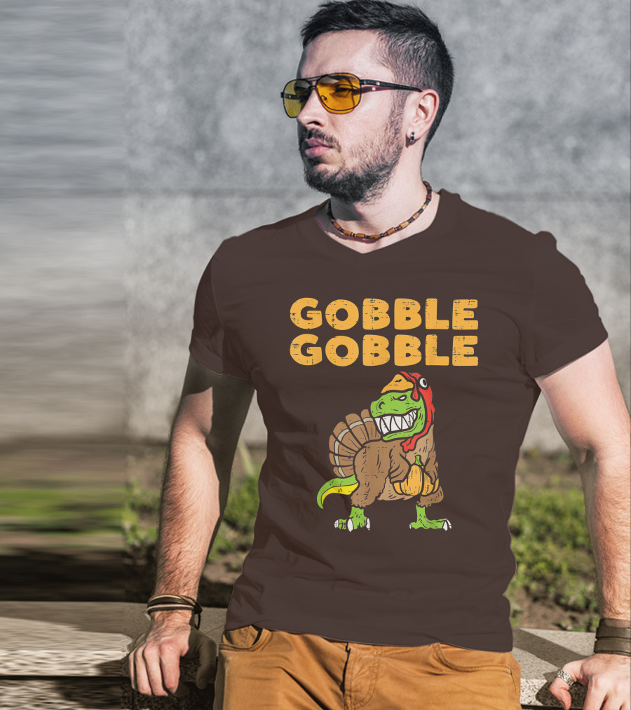 Gobble Gobble T-Rex Dinosaur Turkey Holding Pumpkin T-Shirt