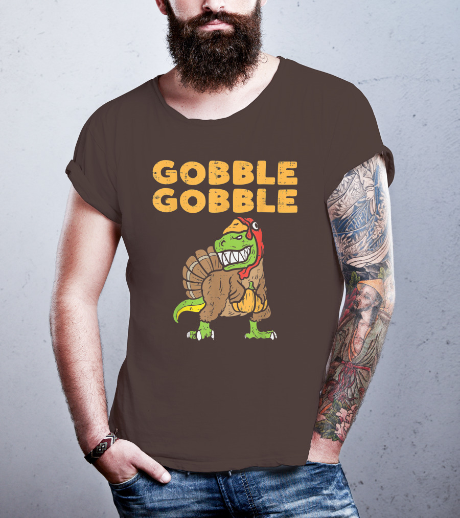 Gobble Gobble T-Rex Dinosaur Turkey Holding Pumpkin T-Shirt