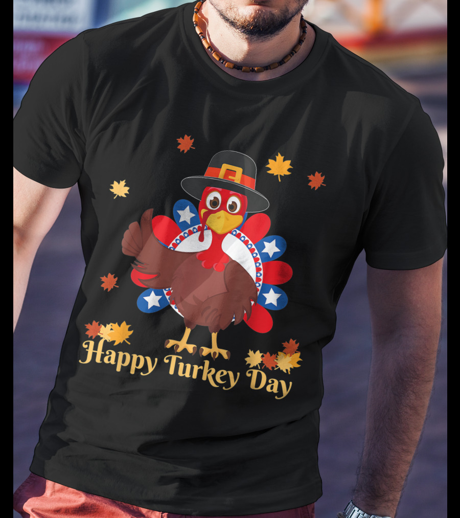 Happy Turkey Day Retro Thanksgiving USA Flag T-Shirt