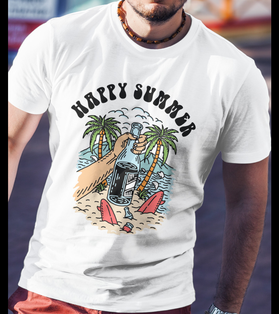 Happy Summer Beach Scene With Palms And Bottle T-Shirt