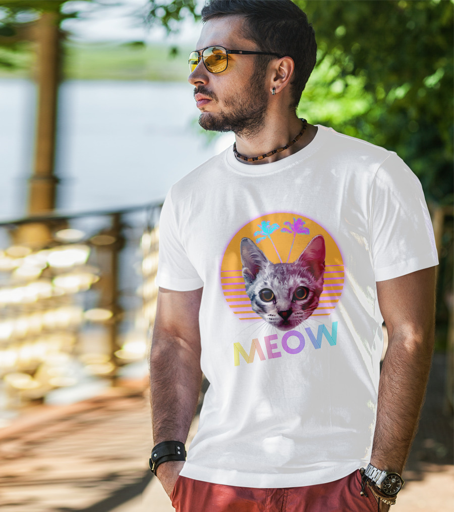 Retro Meow Cat With Palm Trees And Sunset Stripes T-Shirt
