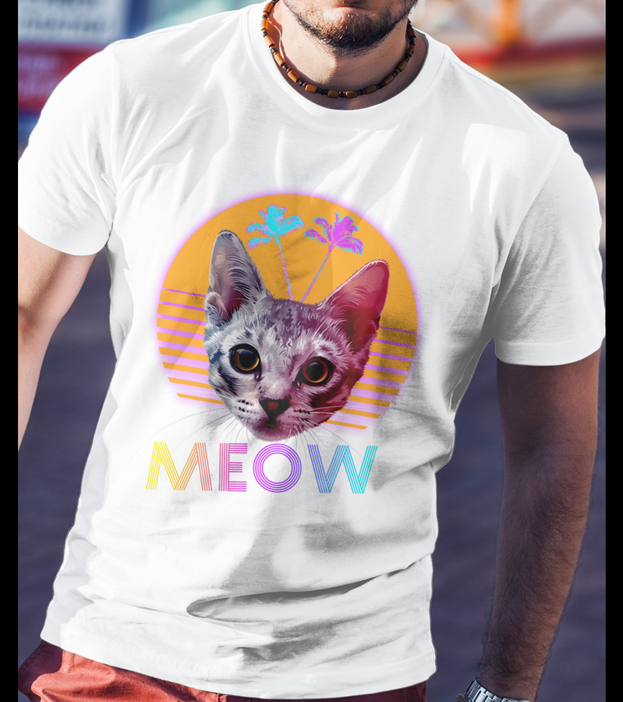 Retro Meow Cat With Palm Trees And Sunset Stripes T-Shirt