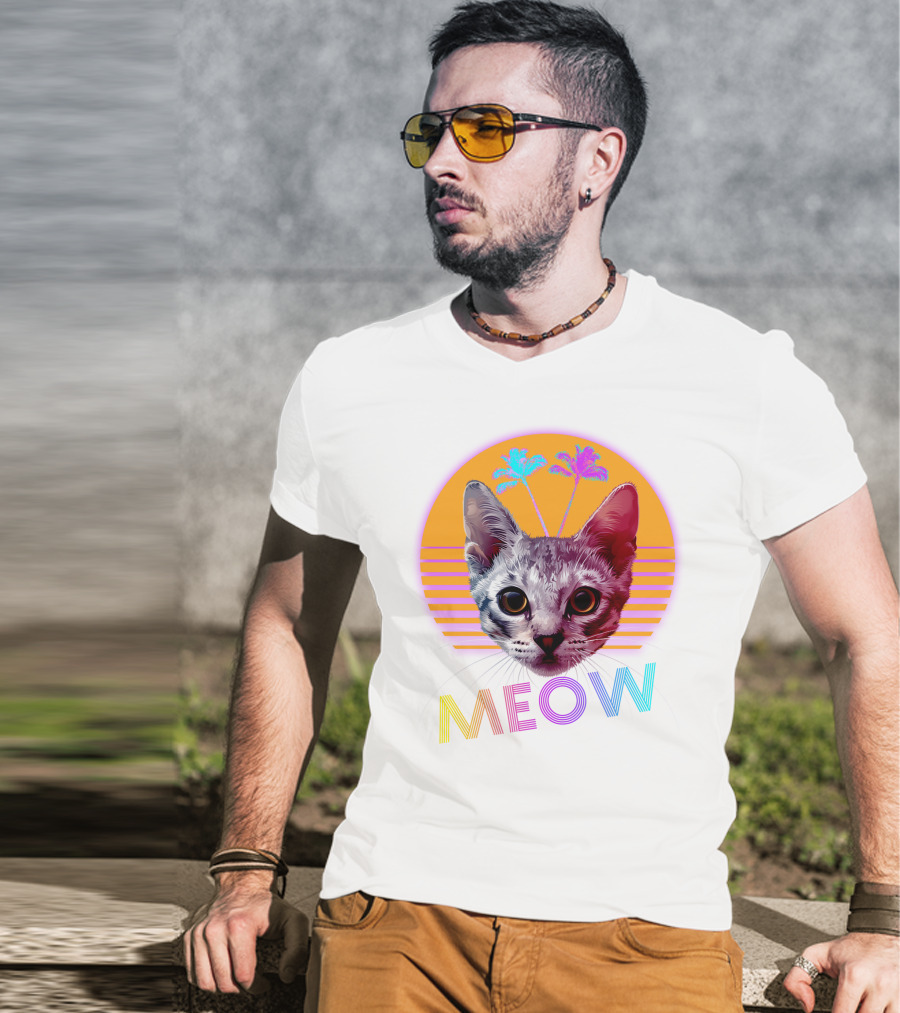 Retro Meow Cat With Palm Trees And Sunset Stripes T-Shirt