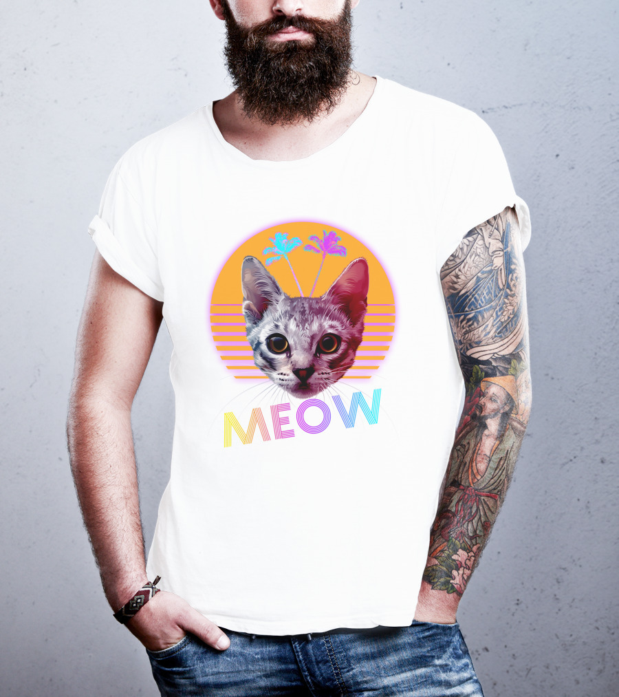 Retro Meow Cat With Palm Trees And Sunset Stripes T-Shirt