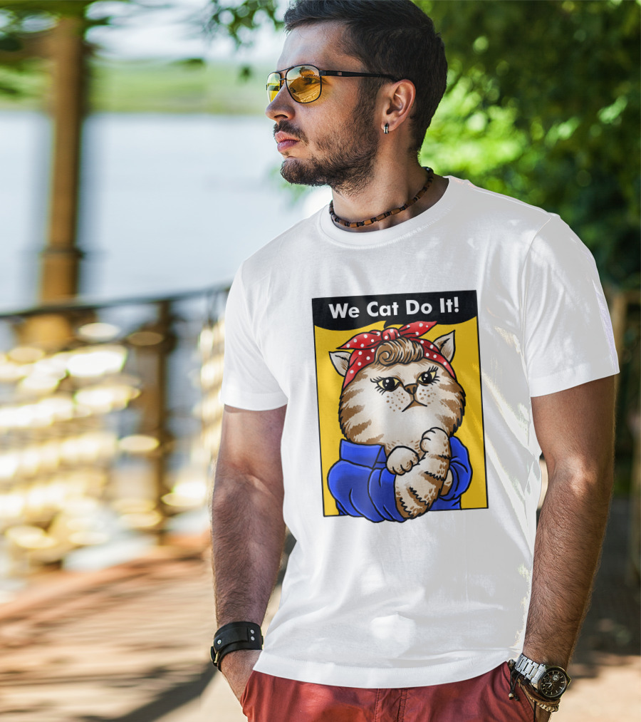 We Cat Do It Humorous Cat With Red Polka Dot Bandana And Blue T-Shirt
