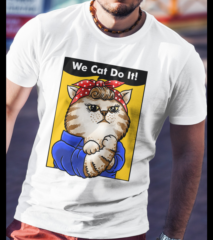 We Cat Do It Humorous Cat With Red Polka Dot Bandana And Blue T-Shirt