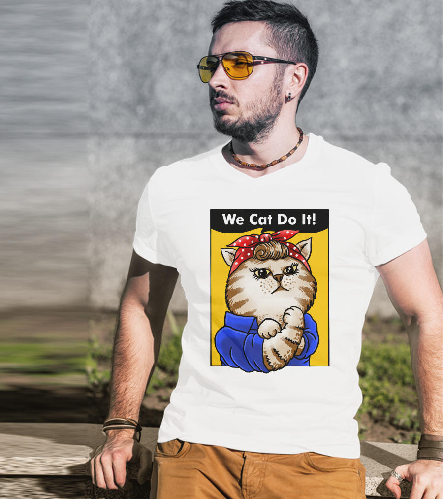 We Cat Do It Humorous Cat With Red Polka Dot Bandana And Blue T-Shirt