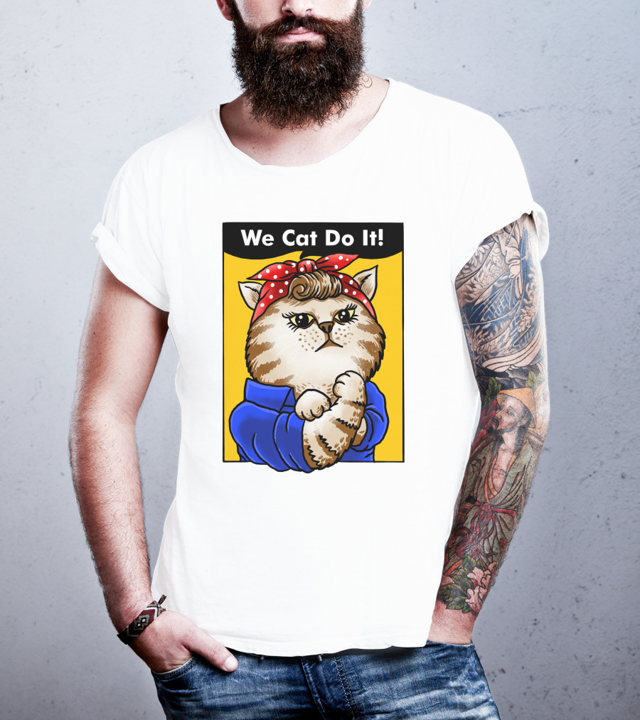 We Cat Do It Humorous Cat With Red Polka Dot Bandana And Blue T-Shirt