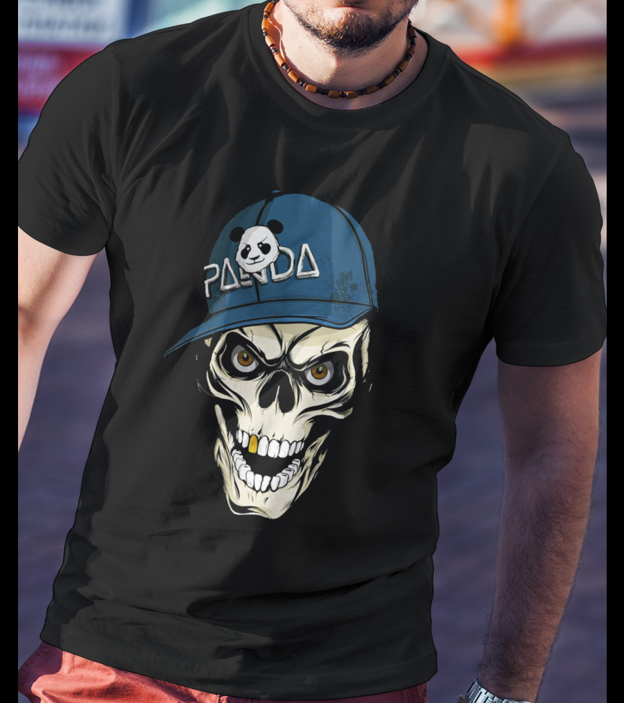 Skull Panda Blue Hat Grinning Face With Panda T-Shirt