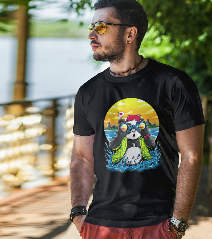 Summer Panda Beach Adventure With Binoculars And Heart T-Shirt