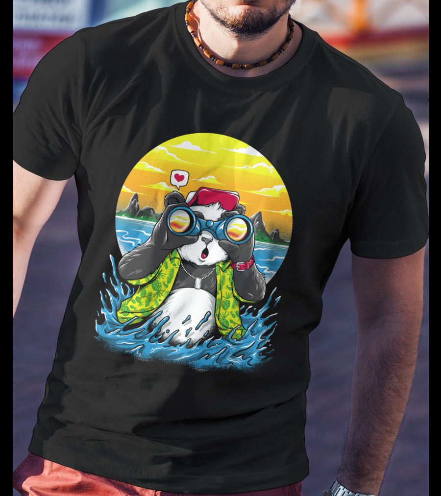 Summer Panda Beach Adventure With Binoculars And Heart T-Shirt