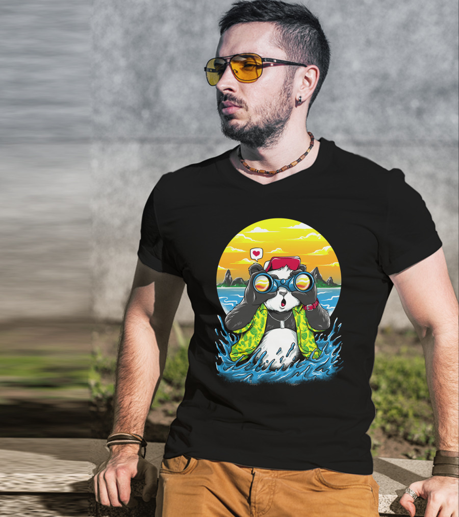 Summer Panda Beach Adventure With Binoculars And Heart T-Shirt