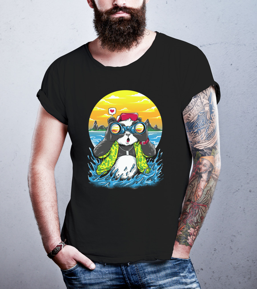 Summer Panda Beach Adventure With Binoculars And Heart T-Shirt