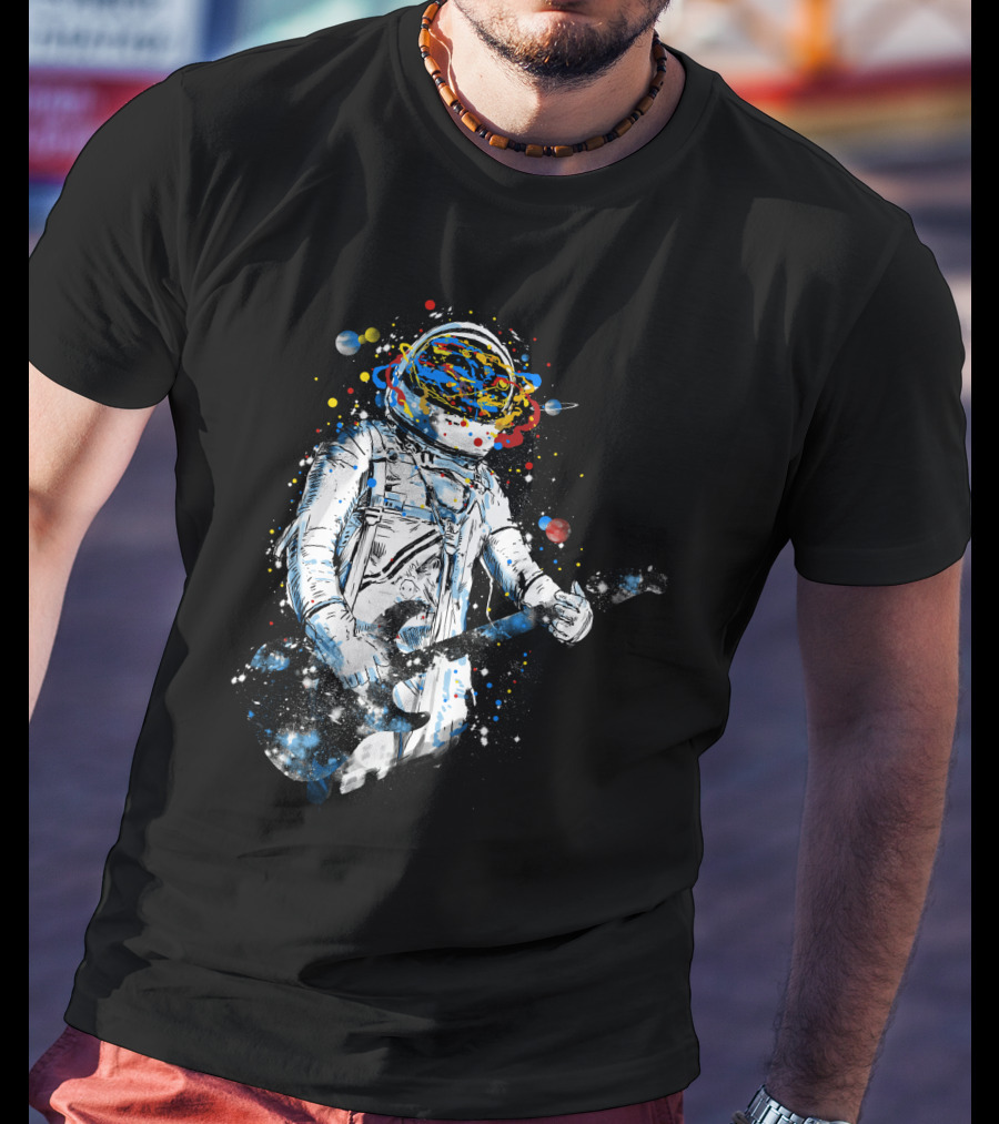 Space Guitar Astronaut Playing Cosmic Electric Guitar With Planetary Helmet And Colorful Galaxy T-Shirt