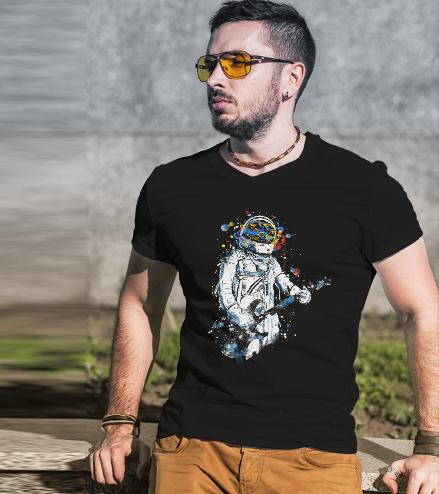 Space Guitar Astronaut Playing Cosmic Electric Guitar With Planetary Helmet And Colorful Galaxy T-Shirt