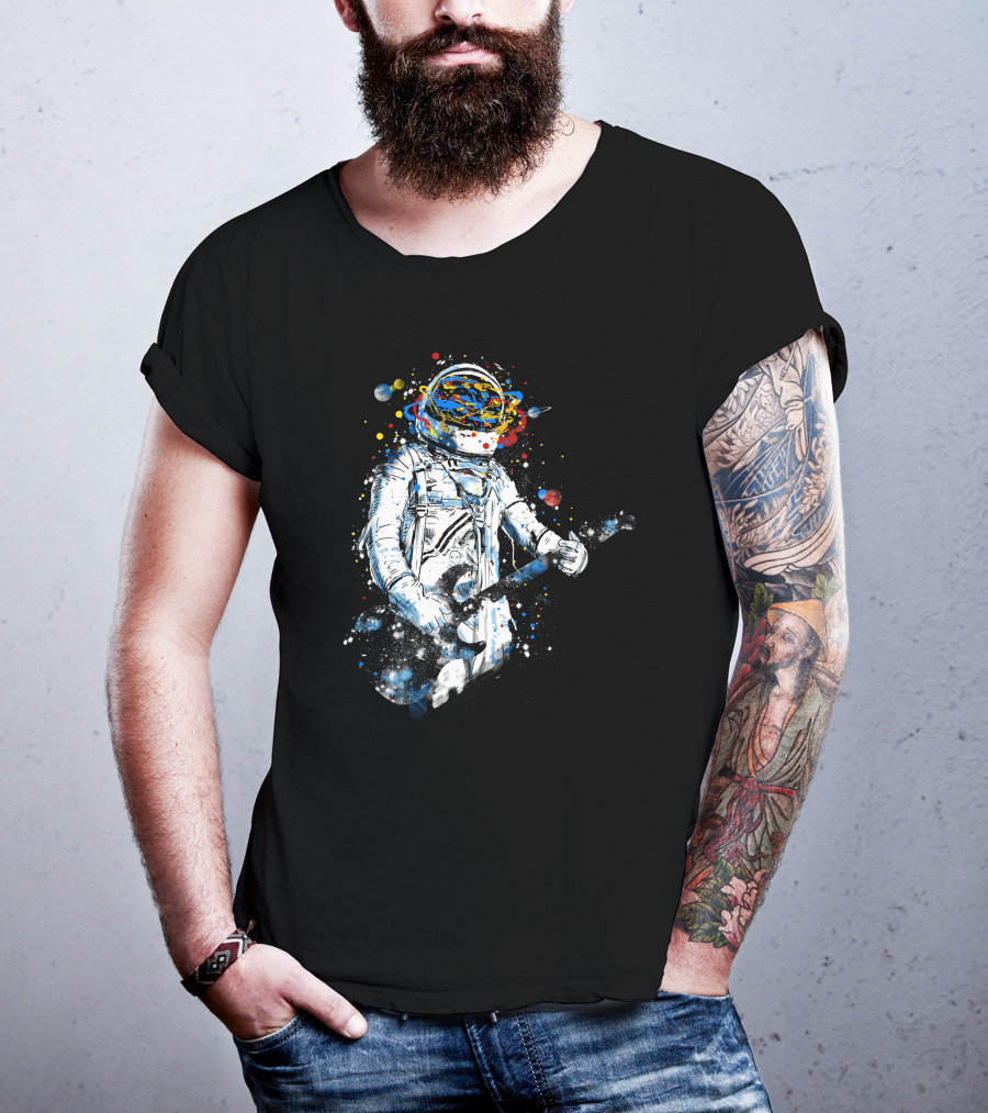 Space Guitar Astronaut Playing Cosmic Electric Guitar With Planetary Helmet And Colorful Galaxy T-Shirt