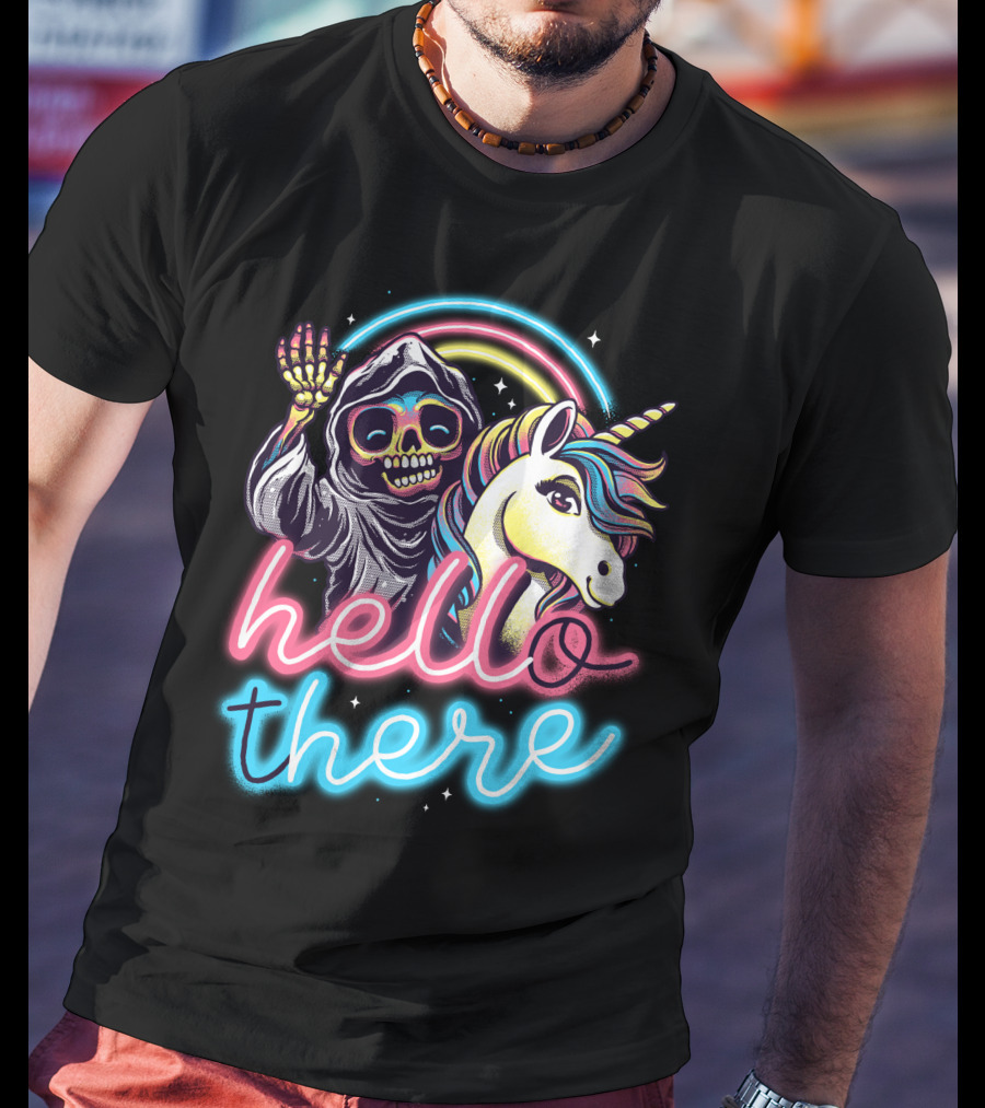 Hello There Grim Reaper And Unicorn Neon Rainbow T-Shirt