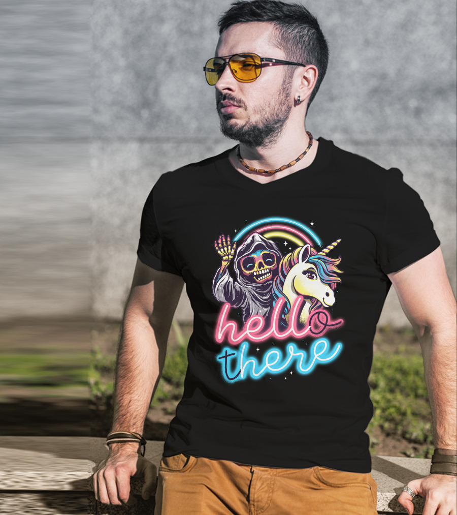 Hello There Grim Reaper And Unicorn Neon Rainbow T-Shirt