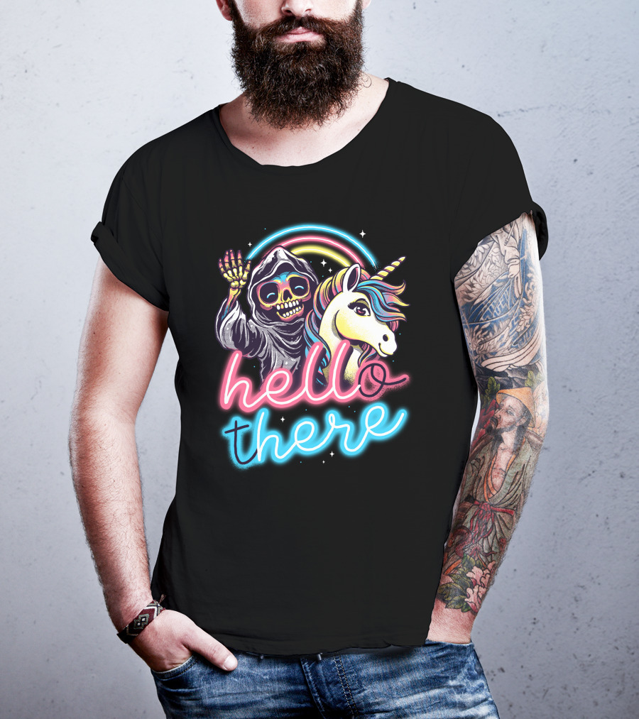 Hello There Grim Reaper And Unicorn Neon Rainbow T-Shirt