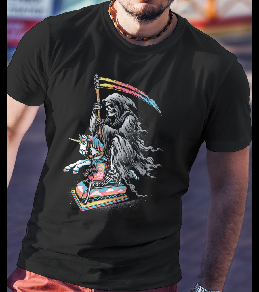 Death Riding Rainbow Scythe Unicorn Carousel Coin-Op T-Shirt