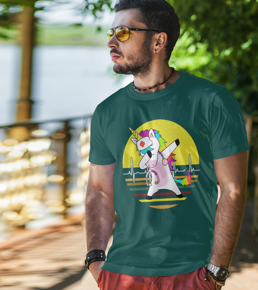 Unicorn Nurse Dabbing With Rainbow Stethoscope And Heartbeat Background T-Shirt