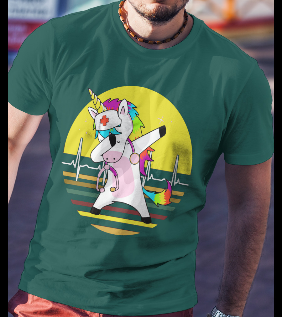 Unicorn Nurse Dabbing With Rainbow Stethoscope And Heartbeat Background T-Shirt
