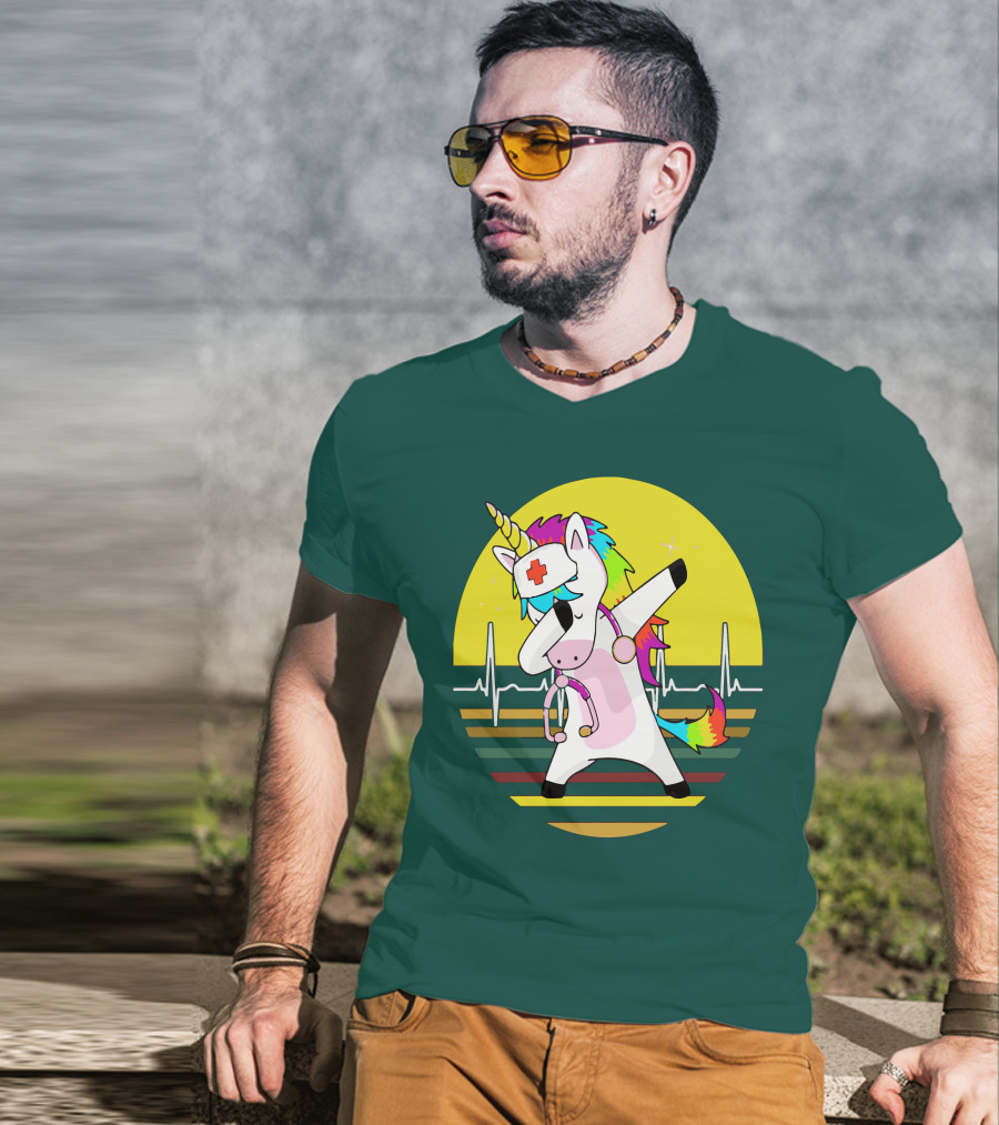 Unicorn Nurse Dabbing With Rainbow Stethoscope And Heartbeat Background T-Shirt