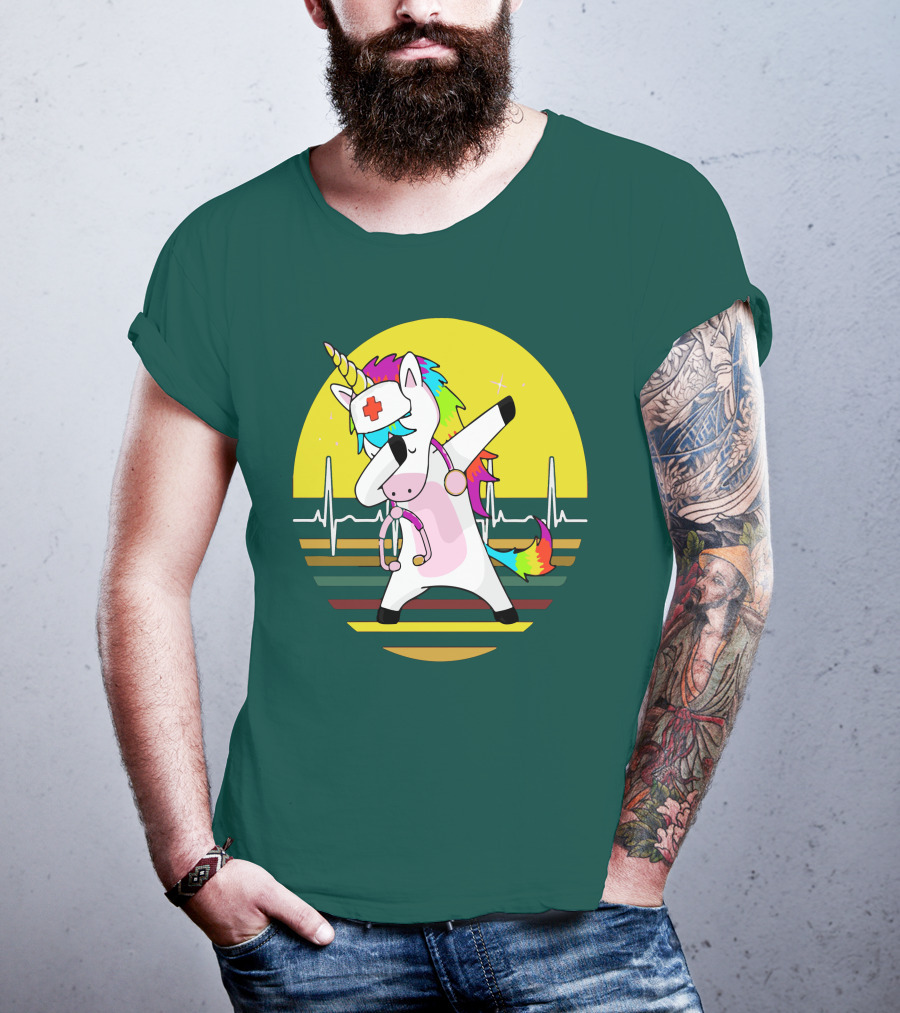 Unicorn Nurse Dabbing With Rainbow Stethoscope And Heartbeat Background T-Shirt
