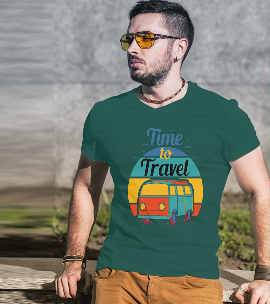 Time To Travel Van Adventure Retro Sunset T-Shirt