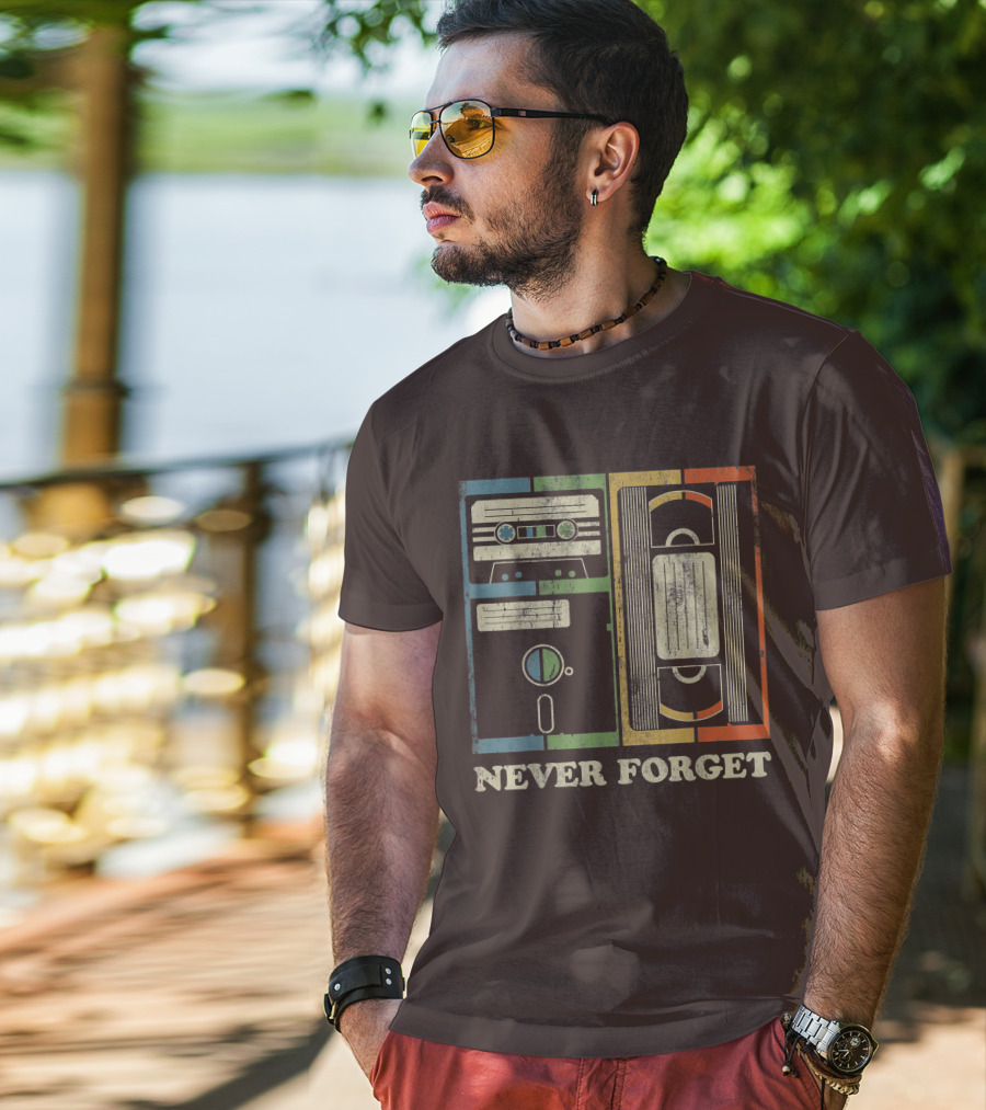 Never Forget Retro Vintage Cassette Floppy VHS Cool Funny Geeky Nerdy T-Shirt