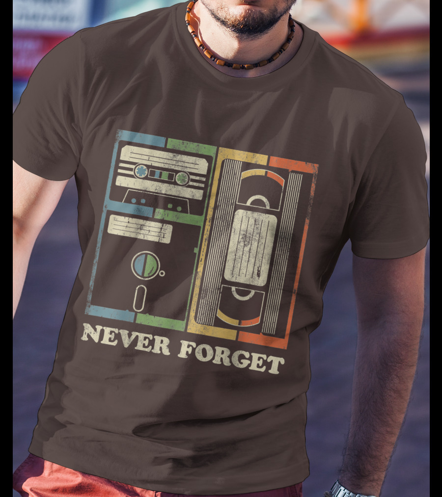 Never Forget Retro Vintage Cassette Floppy VHS Cool Funny Geeky Nerdy T-Shirt