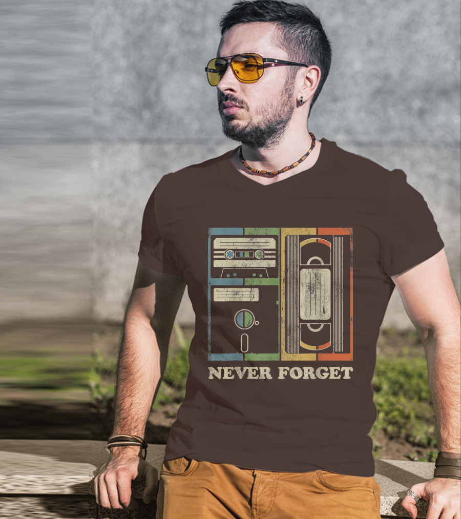 Never Forget Retro Vintage Cassette Floppy VHS Cool Funny Geeky Nerdy T-Shirt